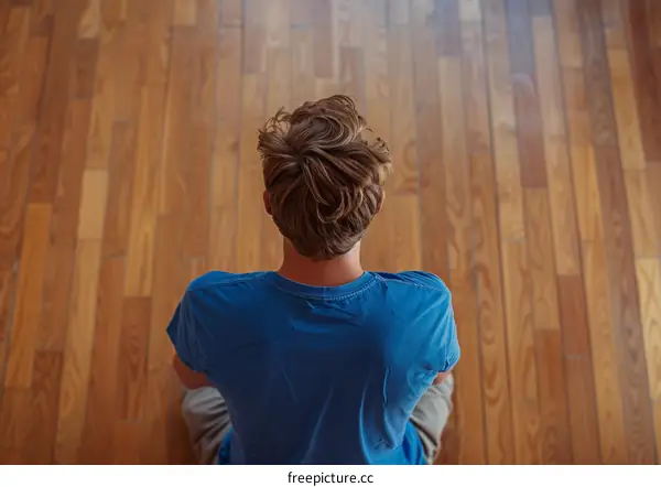 A blond man sits on the wooden floor with his back to the camera