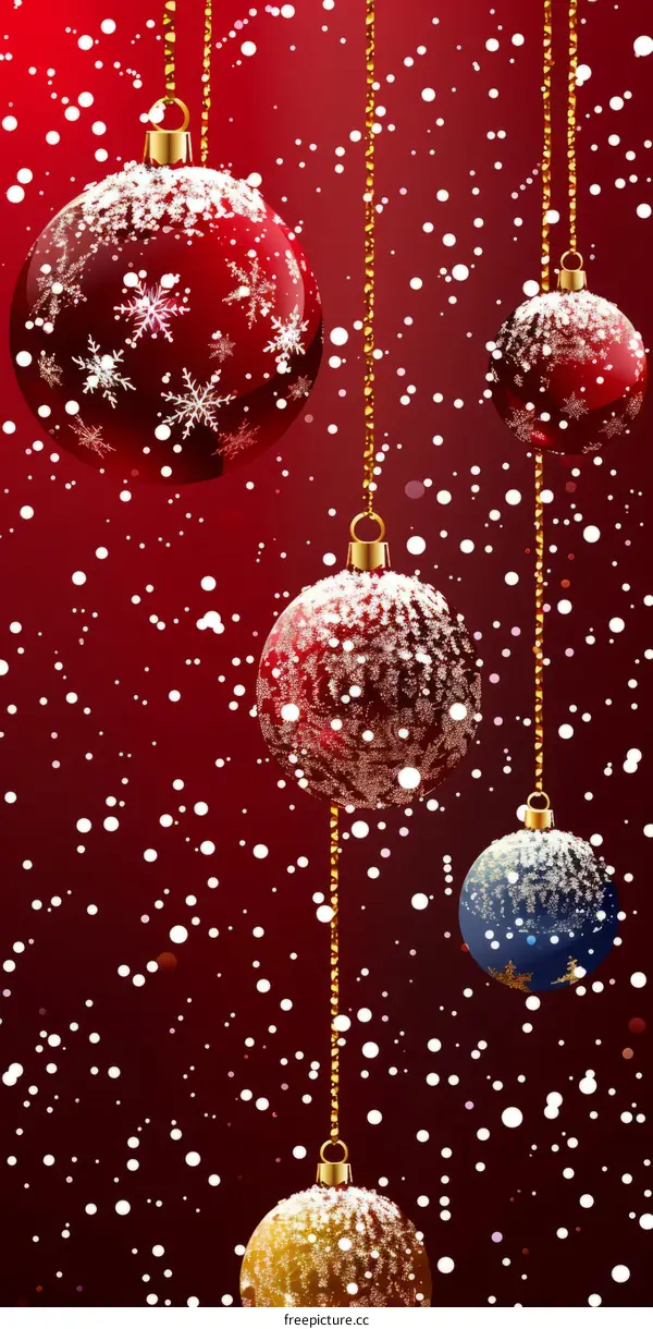 Christmas ornaments hanging on red background with snowflakes