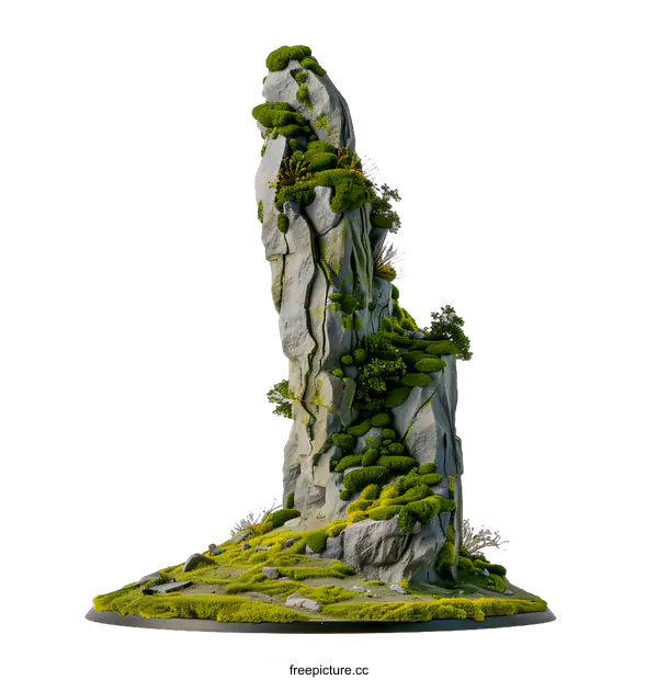 [Transparent Background PNG]Green Mossy Rock Sculpture on a White Background