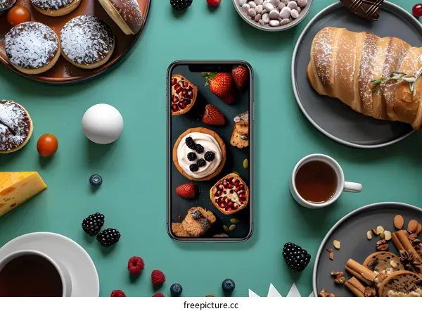 Flat lay composition with smartphone displaying food photography