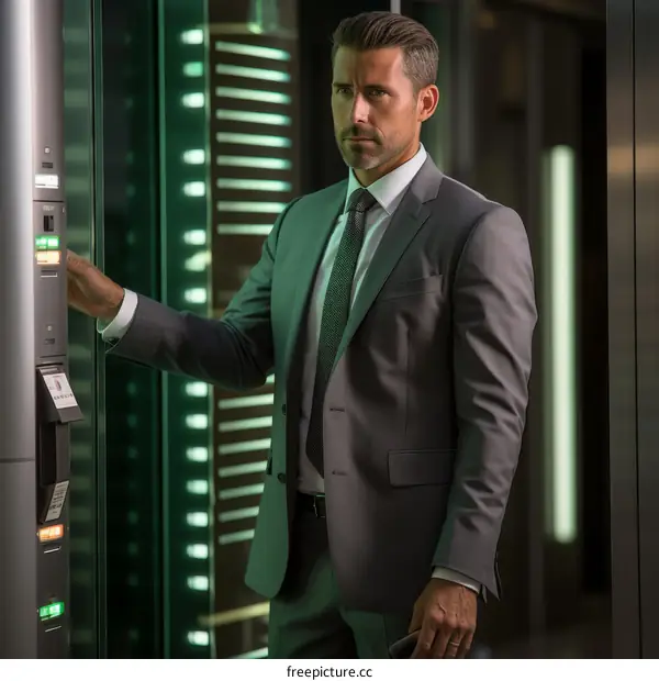 A man in a suit is using an access control panel
