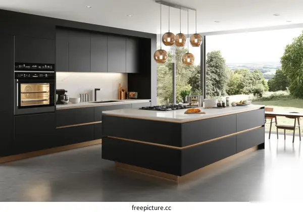 Modern Black Kitchen Design with Island and Large Windows