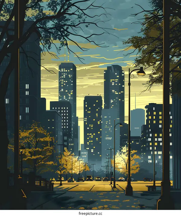Cityscape Illustration at Dusk with Illuminated Buildings and Streetlights