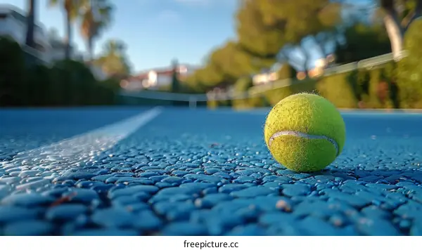used tennis ball on blue court surface with blurred background