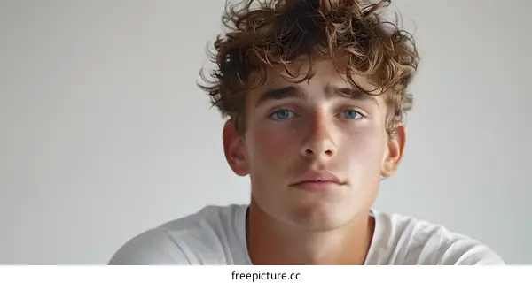 Young Man with Curly Hair and Blue Eyes