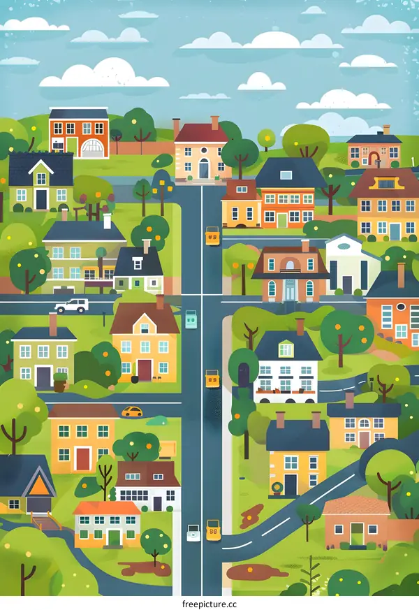 Colorful Illustration of a Small Town with Houses and Trees