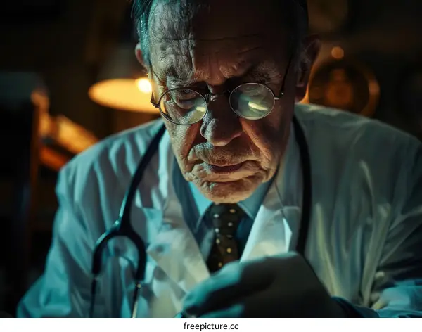 Portrait of a serious senior male doctor wearing glasses and a stethoscope around his neck