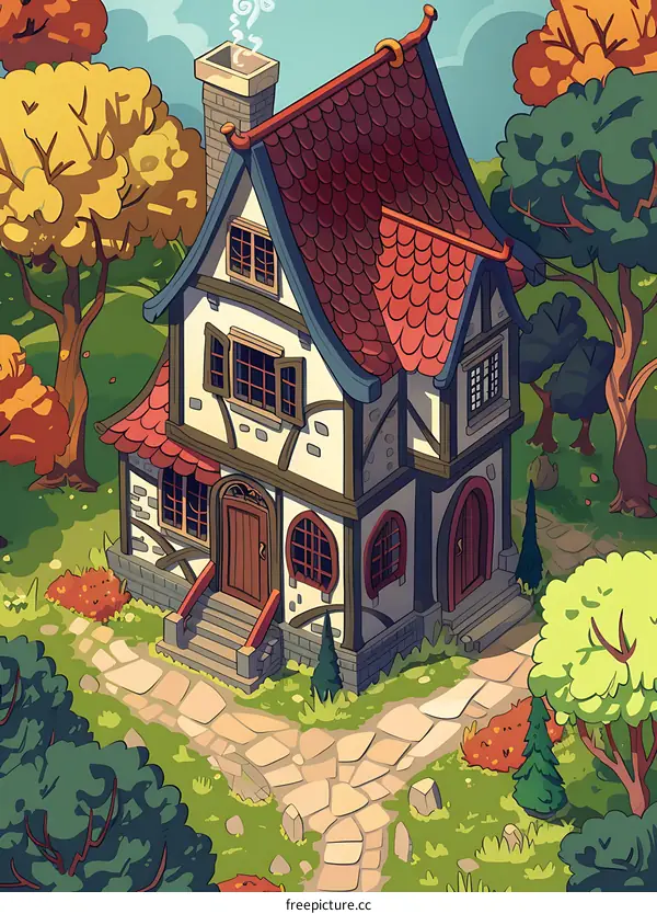Cartoon Illustration of a Small House with Red Roof in the Forest