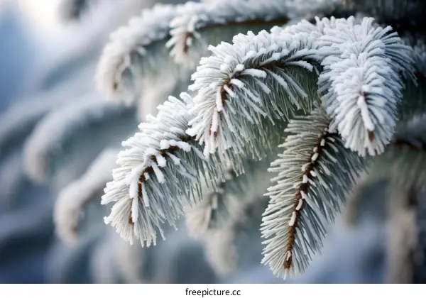 Close-up of snow-covered pine tree branches in winter