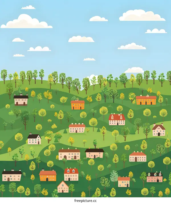 Green Hills Landscape Illustration With Houses And Trees