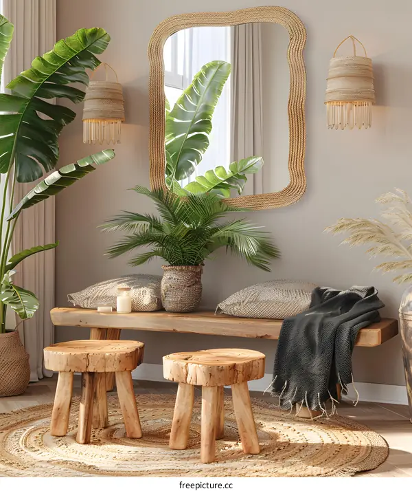 Modern Home Decor With Rattan Lamps And Wooden Stools