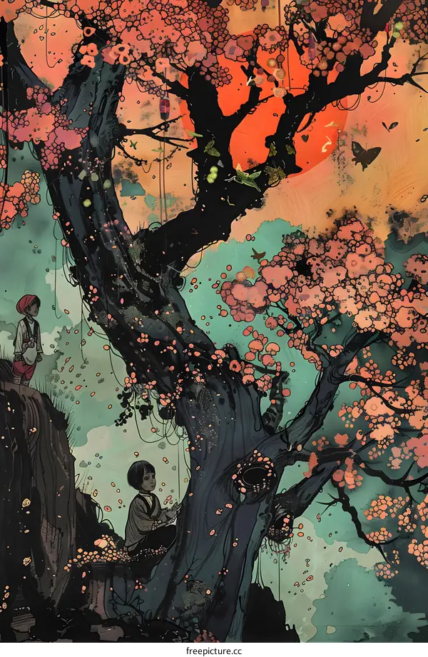 Two Children in a Fantasy Forest with Blooming Tree