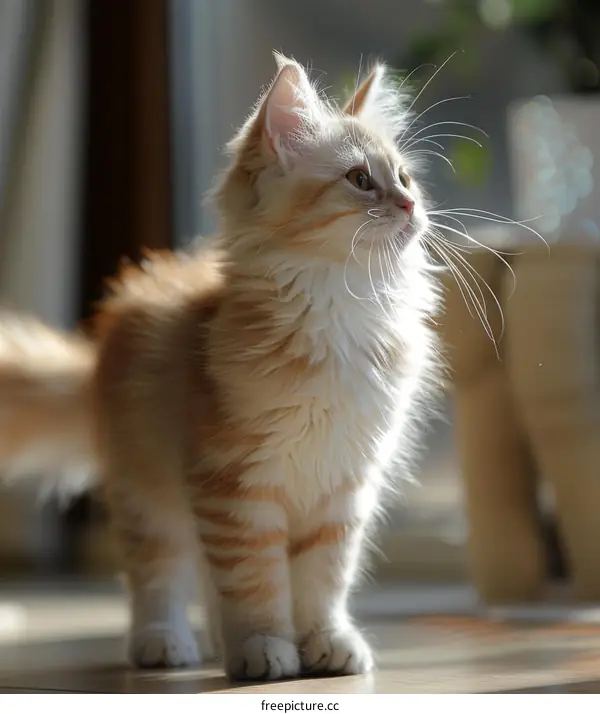 A cute ginger kitten standing on the floor and looking up