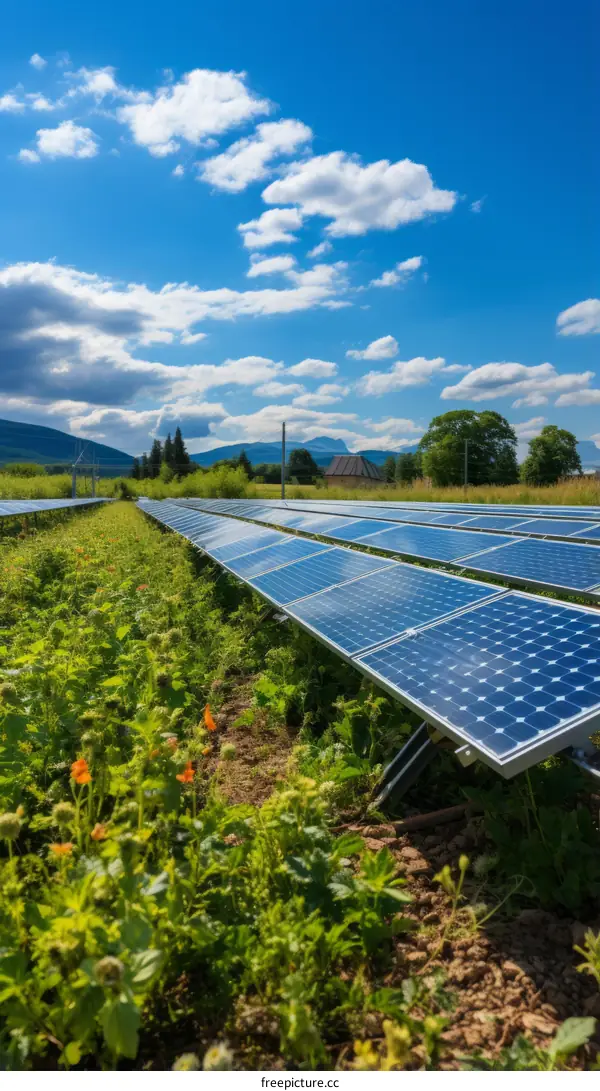 A large solar farm in a rural field