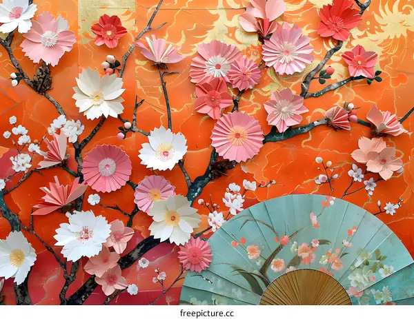 Colorful Origami Flowers and Fan on Orange Background