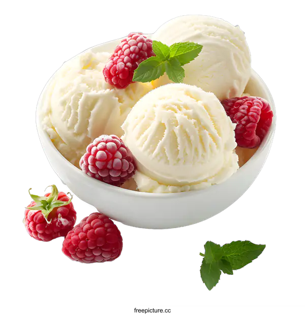 [Transparent Background PNG]A bowl of vanilla ice cream with fresh raspberries and mint