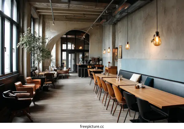 Industrial Style Cafe Interior with Multiple Customers