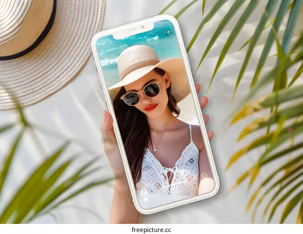 Woman taking selfie on her phone with a beach background