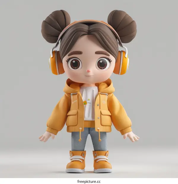 3D Cartoon Girl with Headphones in Yellow Jacket
