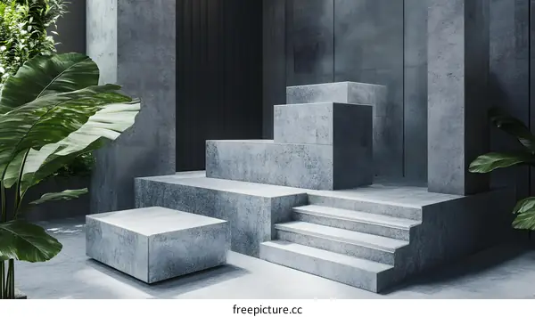 Abstract Concrete Platform with Green Plants