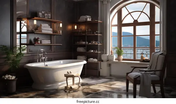 3d rendering of a bathroom interior with a large window overlooking a lake