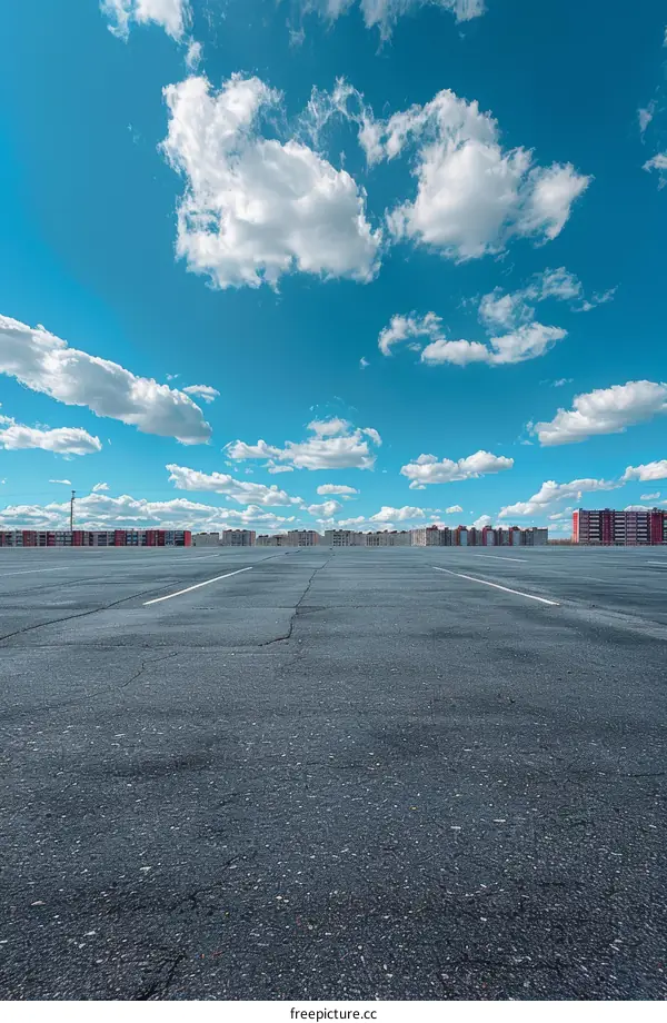 Empty Parking Lot with Sunny Day and Fluffy Clouds