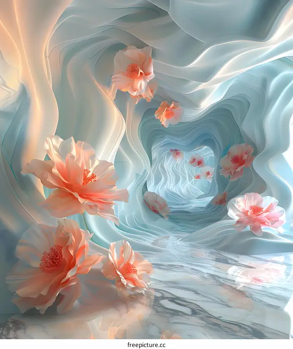 Pink Dahlia Flowers Blossom against Blue-Green Marble Wall Texture