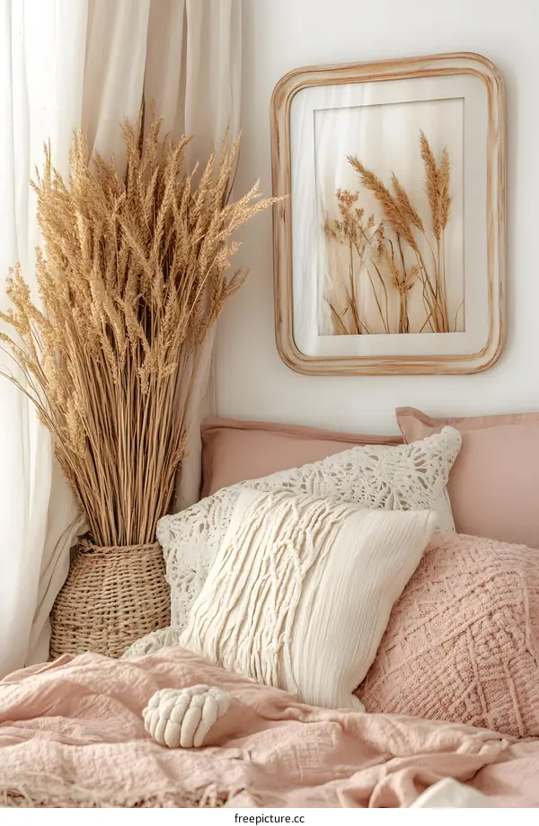 Dried Grass in Vase with Pillow on Bed and Framed Picture on Wall