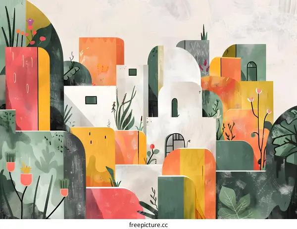 Abstract Geometric Illustration of a Cityscape with Buildings and Plants
