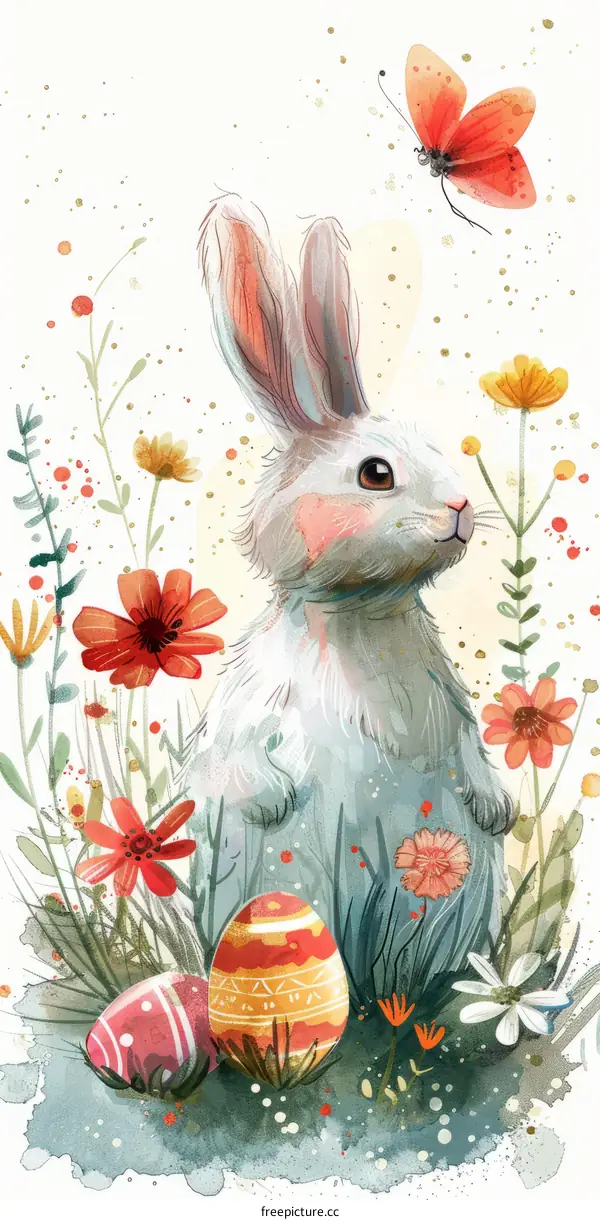 Easter bunny with colorful flowers and eggs