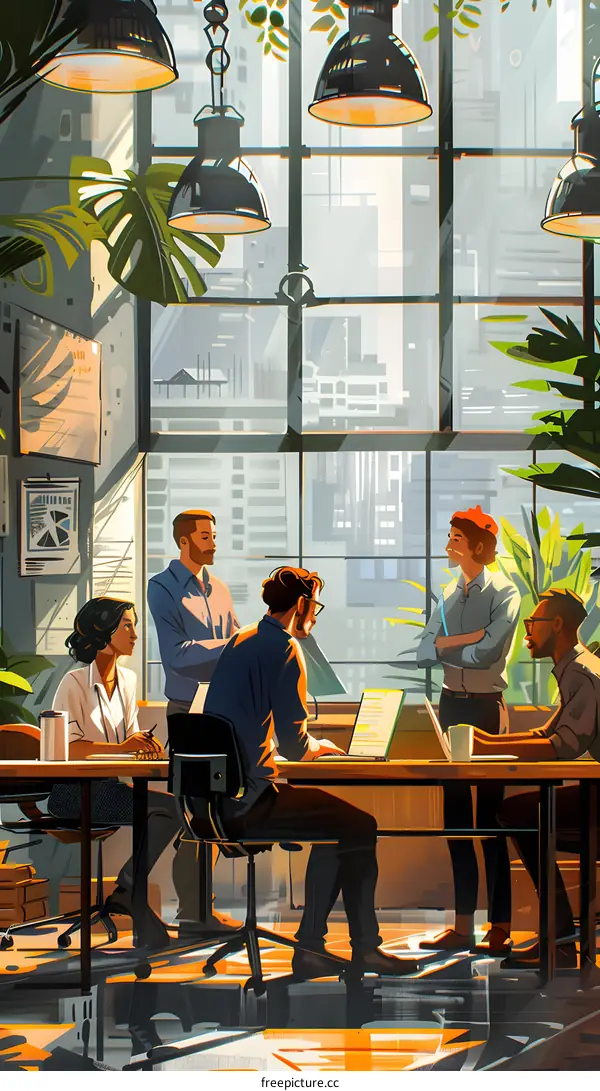 A group of people are working together in an office.