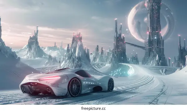 Futuristic cityscape with a white car driving through it