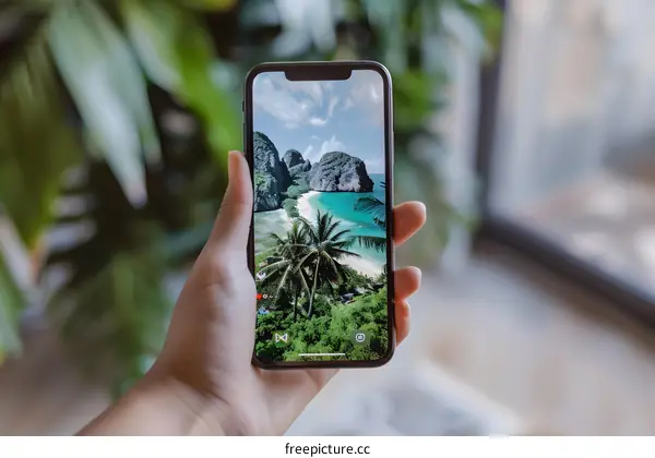 Hand Holding Smartphone With Tropical Beach Photo