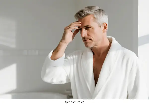 Mature man in white bathrobe touching forehead with hand