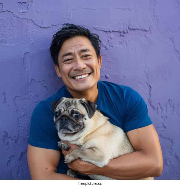 A smiling man in a blue shirt is holding a pug in front of a purple wall