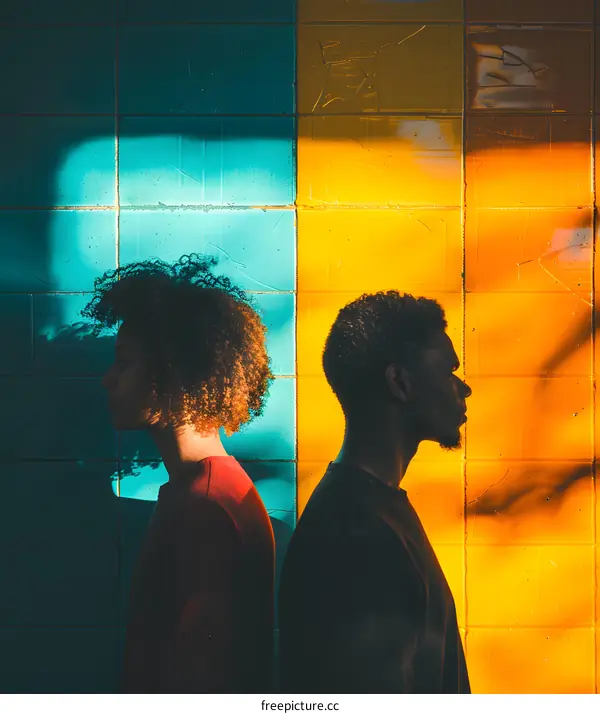 Two men standing with their backs to each other in front of a blue and yellow tiled wall.