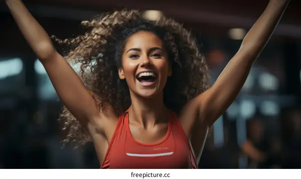 Ecstatic curly haired woman celebrating her success with arms raised