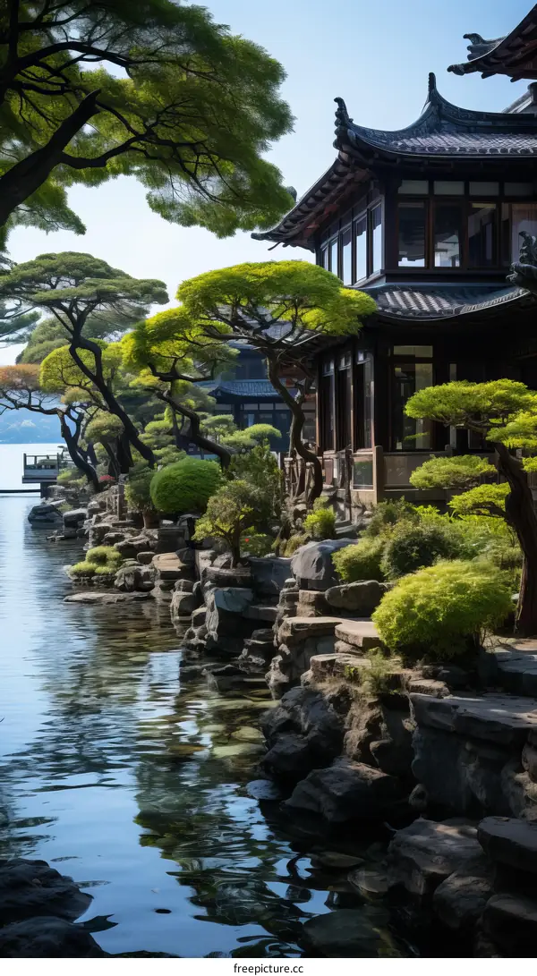 oriental garden with lake and traditional chinese architecture
