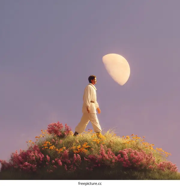 A Man Walking on a Hilltop Under a Moonlit Sky