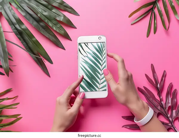 Woman Using Phone With Tropical Plant Background