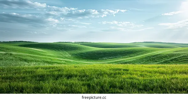 Green Hillside Slopes under a Blue Sky with Puffy White Clouds
