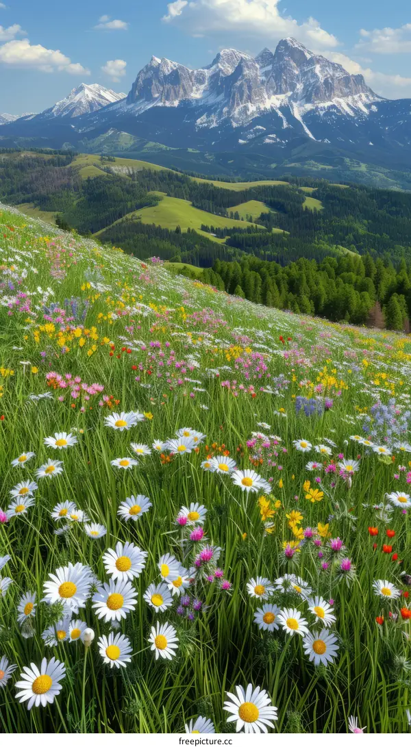 Field of flowers with mountains in the distance