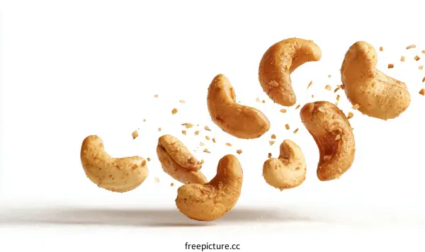 Cashew nuts falling in mid air with crumbs scattered around