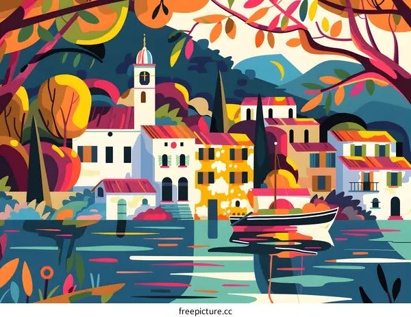 Colorful Illustration of a Town on a River with Boats and Hills