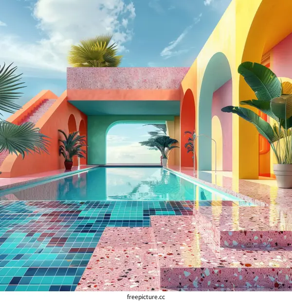 Colorful surreal villa with swimming pool