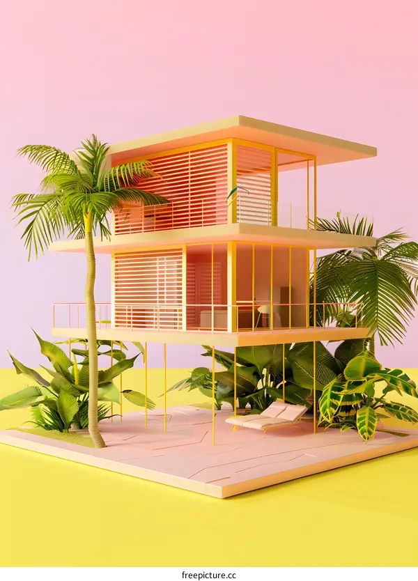 Minimalist Tropical House Design with Palm Trees and Yellow Accent