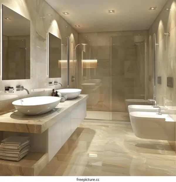 Bathroom interior with beige marble tiles and white sanitary ware
