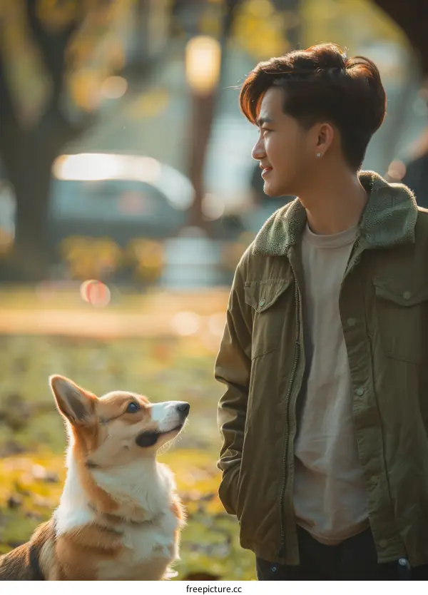 A young man and his corgi dog are standing in a park