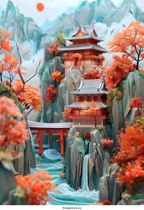 japanese temple in a mountain valley with a river running through it