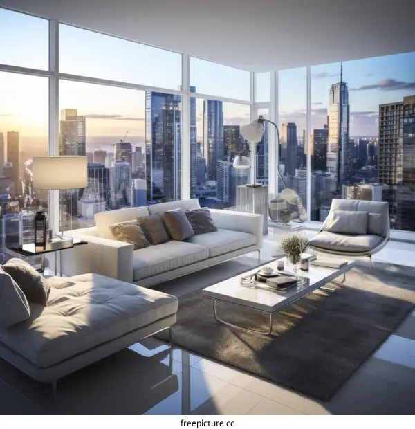 Modern living room interior with city view